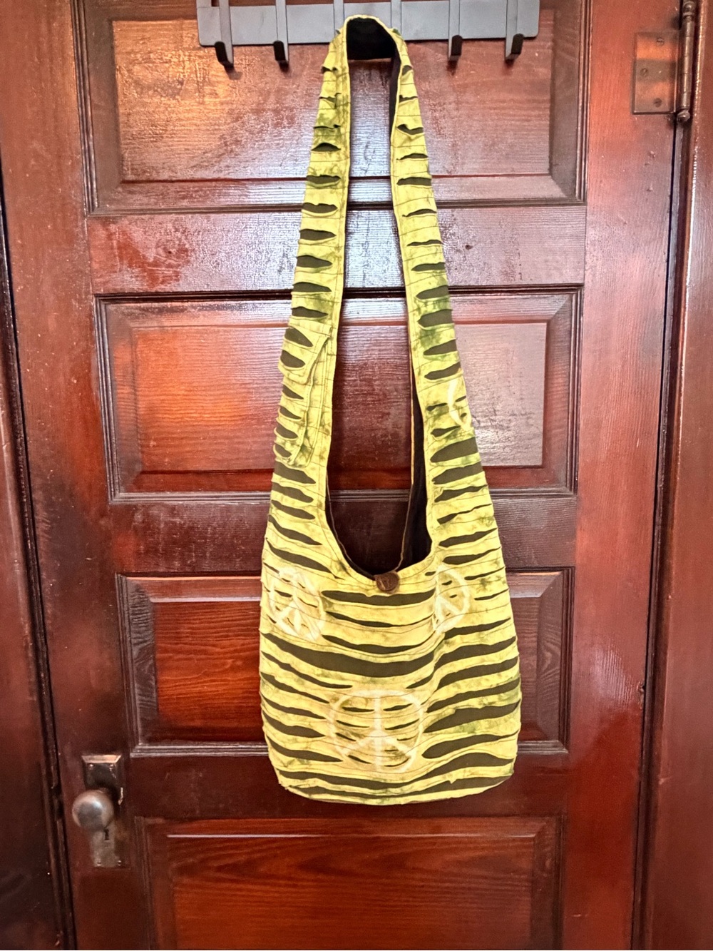 Boho Yellow/green Striped Sling Bag - Casual Crossbody with peace signโs